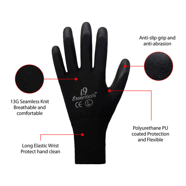 12 Pairs Men Work Gloves, Lightweight Grip Gloves for Work - Black
