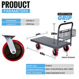 STEEL STRONG Heavy Duty diamond plated Industrial Platform Cart 48” X 24” with 2000 lbs Capacity, 8' red swivel wheels, and basket