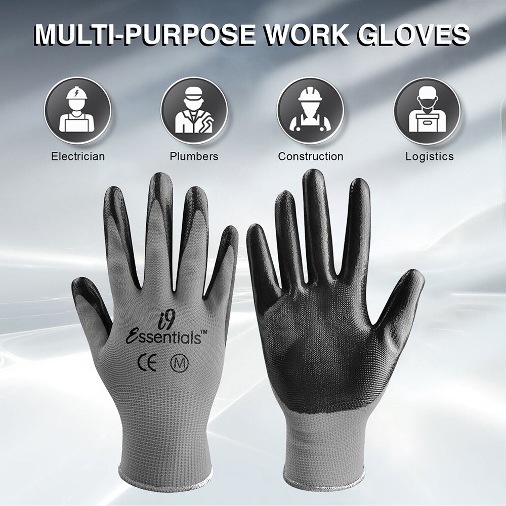 Work Gloves Men Women, Safety Work Gloves MicroFoam Nitrile Coated -12  Pairs, Heavy Duty Grip Gloves Black Work gloves X-Large